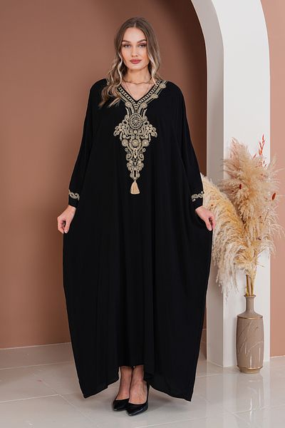 AYASOFYA OTANTIK Rochie neagră de damă, cu broderie autentică, detaliată, supradimensionată