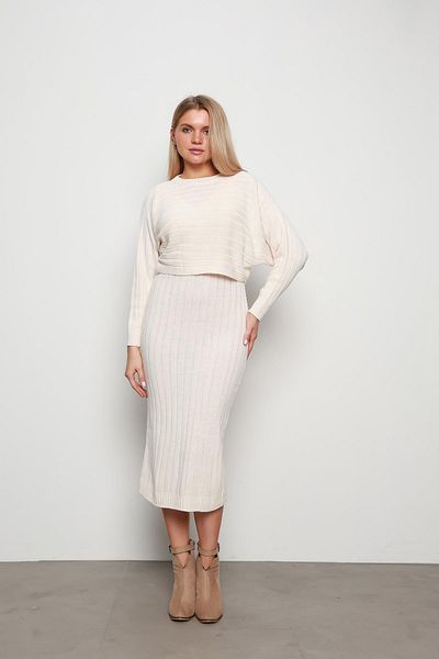 Laviera Ecru Women's Knitwear Set - Crew Neck, Wide Sleeve, Seasonal Crop Sweater and Thick Sling Dress