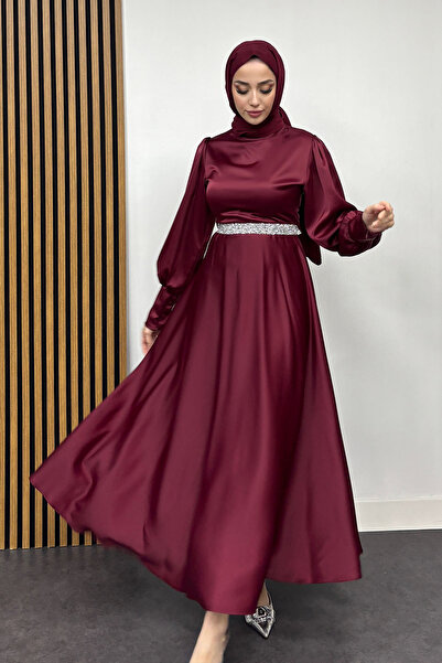 Tesettür Diyarı Bel Taş Detaylı Kolu Manşetli Abiye