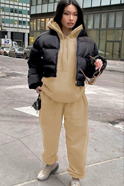 YAKAMEL Set de trening pentru femei, supradimensionat, cu glugă, din bumbac c...