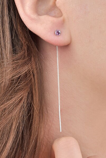 jelux silver Gümüş 925 Ayar 4 Mm Zirkon Pembe Tek Taş Tekli Zincir Çiftli Küpe