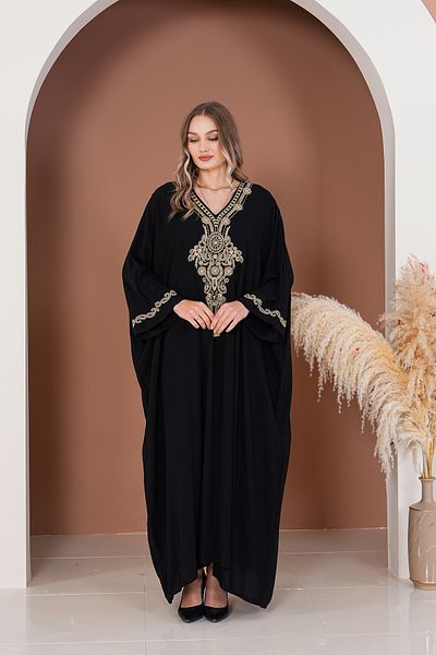 AYASOFYA OTANTIK Rochie neagră de damă, cu broderie autentică, detaliată, supradimensionată