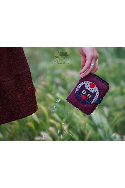 HOODİEMOUSE Cat Old Figured Small Wallet Ethnic Bohemian Retro Style - Burgundy