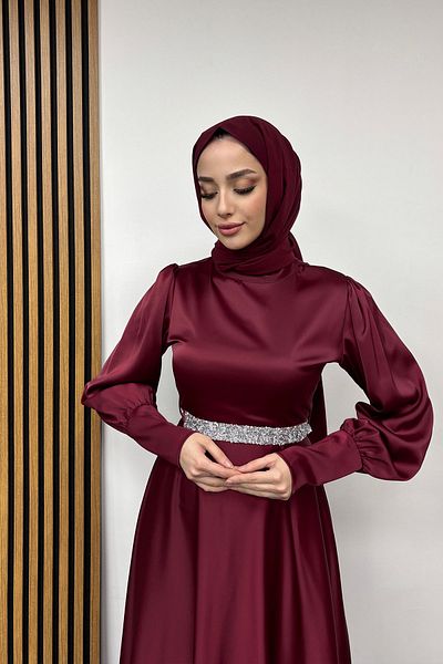 Tesettür Diyarı Evening Dress with Cuffed Sleeves and Stone Detail