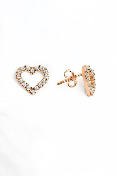 jelux silver Gümüş 925 Ayar Zirkon Taşlı Içi Boş Kalp Rose Küpe