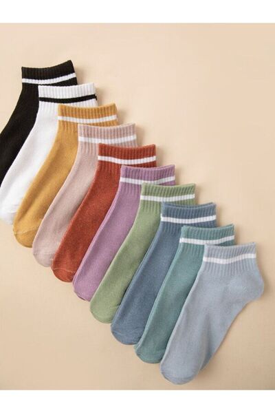 Sky Socks 10'lu Çemberli Renkli Patik Ekonomik Paket Unisex Kısa Spor Sneakers Çorap
