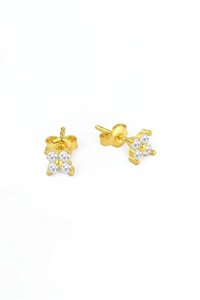 jelux silver Gümüş 925 Ayar Zirkon Taşlı Mini Gold Yonca Küpe
