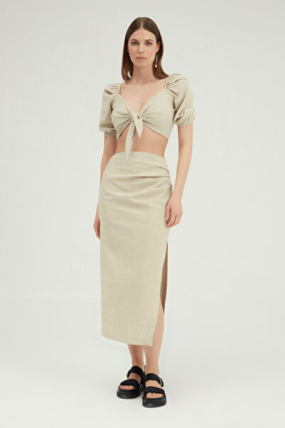 Quzu Φυσική λινή μπλούζα Crop - Δέσιμο μπροστά