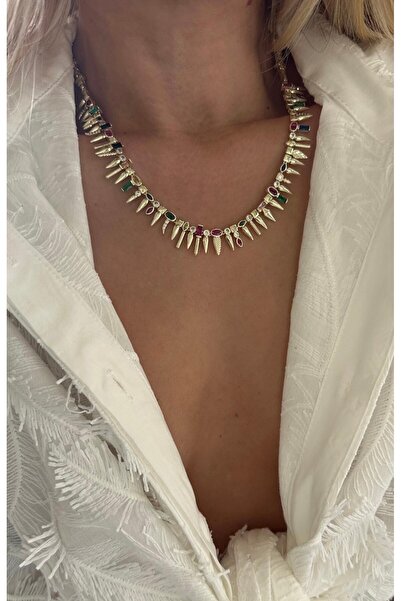 illys Gold Renkli Baget Taş Detaylı Marka Model Tasarım Kolye