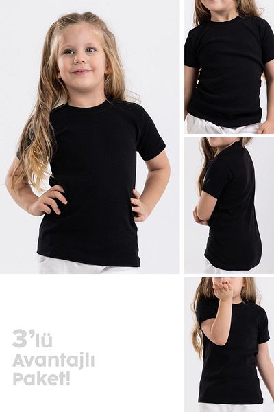BAYKAR Girls' Cotton Round Neck Undershirt T-Shirt 3 Pack 4444* Black