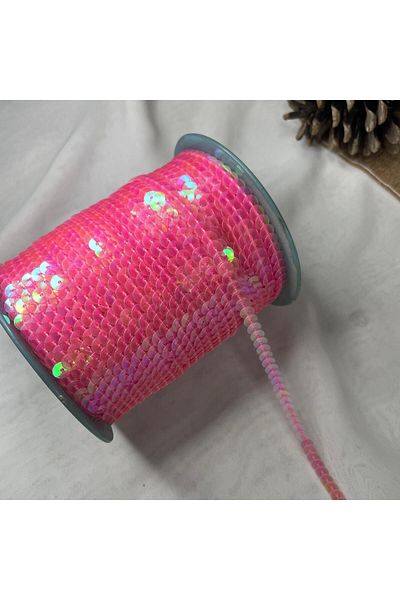 Bukle İplik Phosphorescent Pink to Transparent Holo Sequin Decorative Strip - Sequin Diameter 0.6 cm (5 Meters)