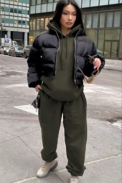 YAKAMEL Set de trening pentru femei, supradimensionat, cu glugă, din bumbac c...