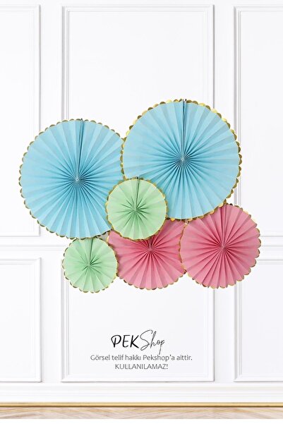 PEKSHOP Pastel Renkler Gold Varaklı Yelpaze Süs Seti 6lı Fan Duvar Süsü Paste...