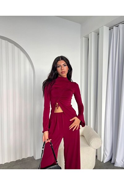 Meros Atelier Burgundy Color Drawstring Lace up Blouse Pants Women's Bottom T...