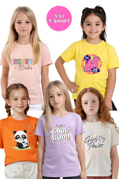 panios kids تي شيرت بناتي مطبوع عليه Good-Panda-Power-Bunny-M مكون من 5 قطع