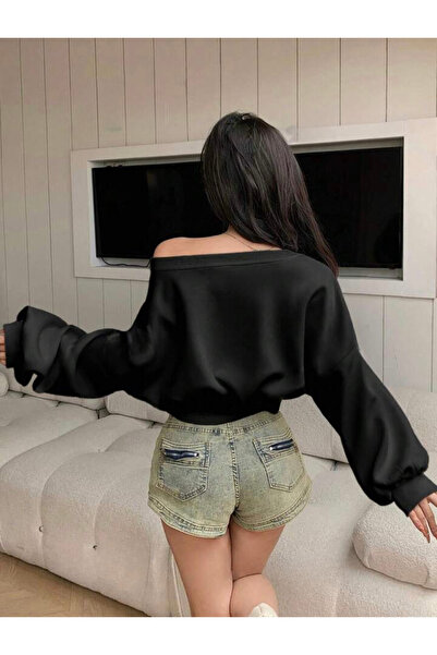 meren like your style Hanorac negru cu mânecă lungă, cu decolteu asimetric, de culoare uni