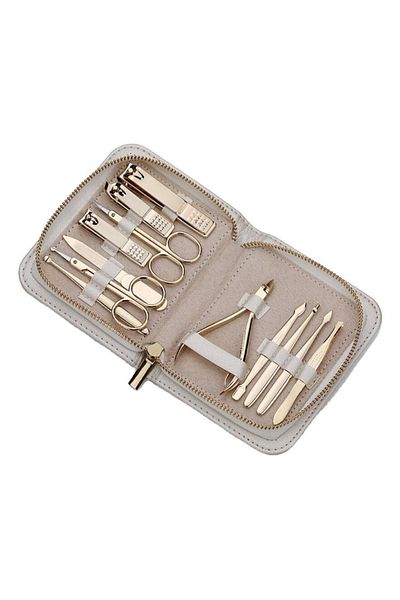 gaman Stylish Gold Color 12 Pieces Travel Size Leather Bag and Manicure-Pediküre Set