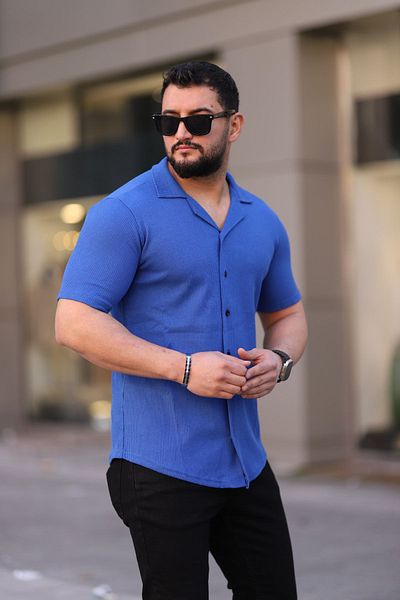 Trendseninle Ανδρικό Saks Μπλε πλεκτό κοντομάνικο πουκάμισο