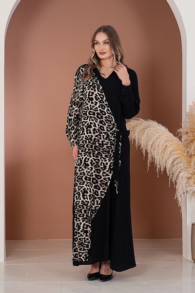 AYASOFYA OTANTIK Rochie de damă neagră cu imprimeu leopard, cu detaliu de șireturi, supradimensionată