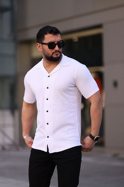Trendseninle Ανδρικό λευκό πλεκτό κοντομάνικο πουκάμισο