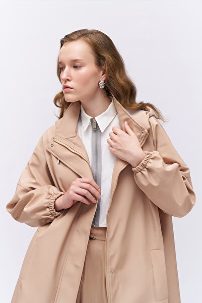 Quzu Oversize Kapüşonlu Trençkot Bej