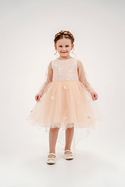 Eray Kids Kız Çocuk Abiye Elbise Parlak Pullu Simli Tül Kelebek Detaylı Kuyruklu 4-7 Yaş