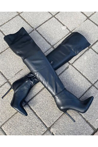 Afilli Kadın Siyah Seksi İnce Yüksek Topuklu Streç Esnek Çorap Abiye Sivri Diz Üstü Çizme Uzun Bot Ayakkabı