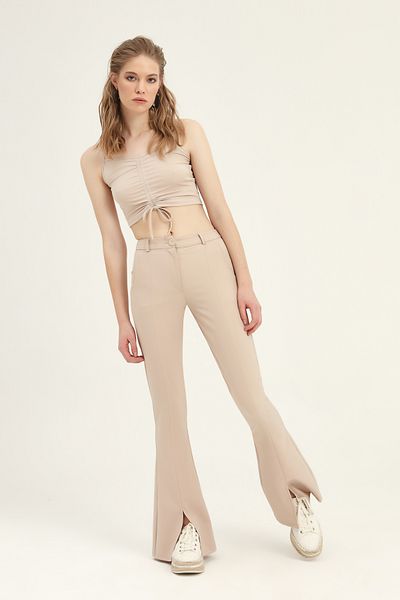 Quzu Beige Bustier with Straps and Drawstring Detail