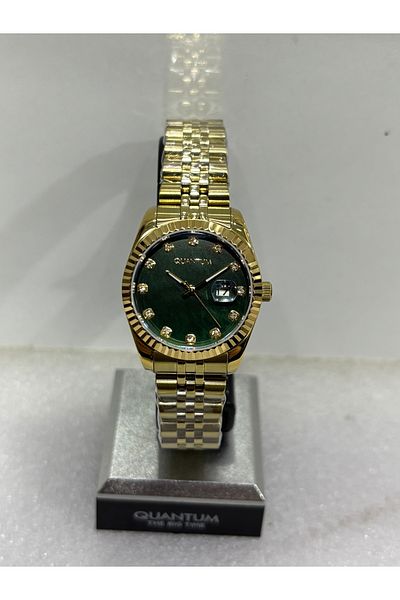 Quantum Classic 100% Steel Impulse Zemrute Green Dial Gold Women's Wristwatch with 32 mm 5 Atm Date