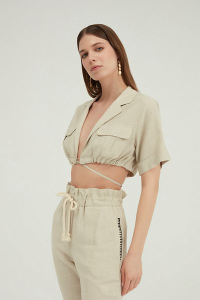 Quzu Tied Front Crop Linen Shirt Natural