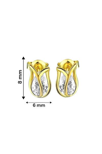 jelux silver Gümüş 925 Ayar Lale Model Zirkon Taşlı Gold Çivili Küpe