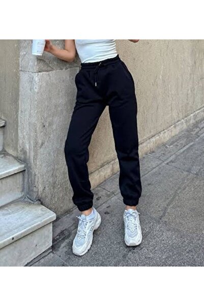 THE WHITE Γυναικεία αθλητική φόρμα μαύρης λαστιχένιας πόδια επένδυση fleece