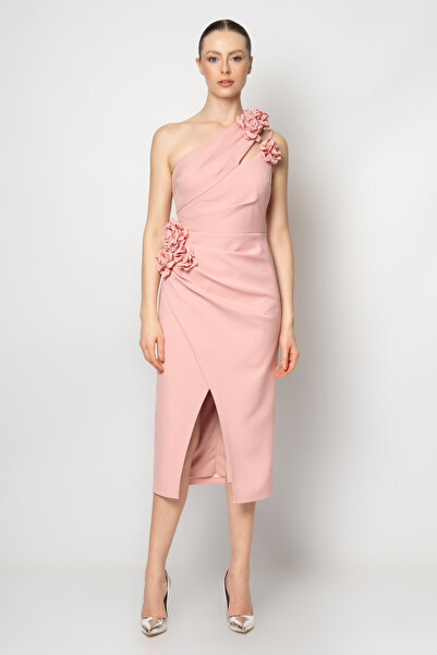 RENGIN Tek omzu ve beli çiçekli belden pileli krep abiye elbise