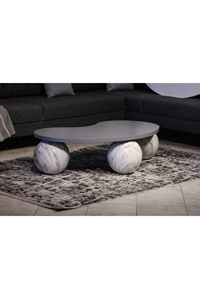 Velura Home & Living Top Sehpa & Küre Antrasit MDF Orta Sehpa - Beyaz Travert...