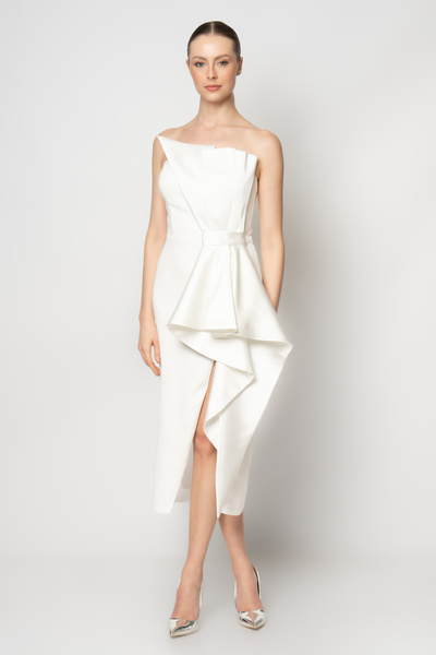 RENGIN Boydan büyük saten fiyonklu straplez krep abiye elbise