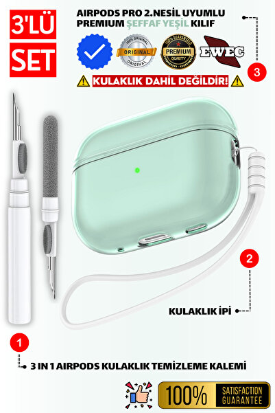 EWEC Pro 2.Nesil Uyumlu Şeffaf Yeşil Kulaklık Kılıfı, Kulaklık İpi ve 3'ü 1 A...