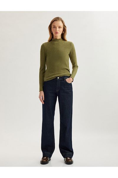 Koton Long Sleeve Textured Ruffled Stand Collar T-Shirt