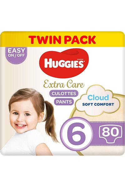 Huggies Extra Care Culottes, Size 6, 15-25 kg, Twin Jumbo Pack, 80 Diaper Pants