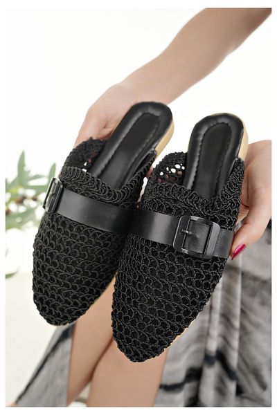 Modafırsat Tricotaje negre Papuci din paie tricotate din dantela - eleganti pentru zi cu zi, casa, plaja si vacanta