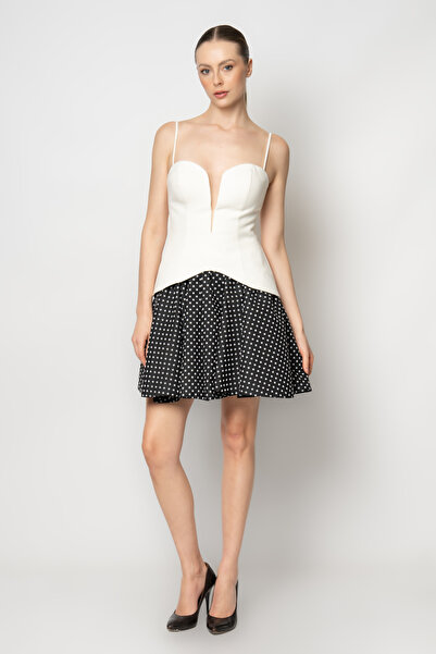 RENGIN Eteği puantiyeli prenses yaka ince askılı abiye elbise