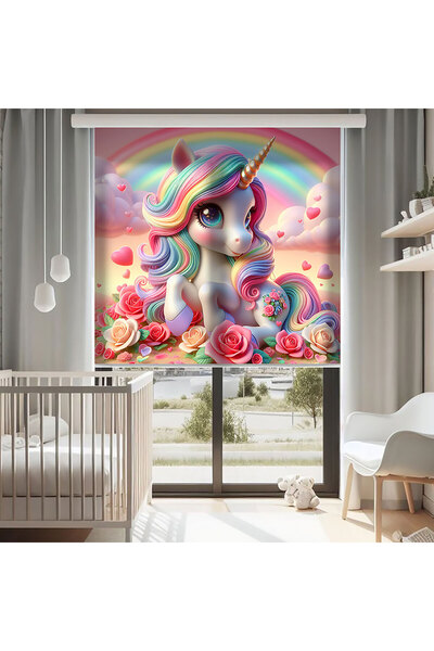 AD Home Unicorn ve Çiçekler Baskılı Stor Perde, Güneşlik, Bebek Odası Perde, ...