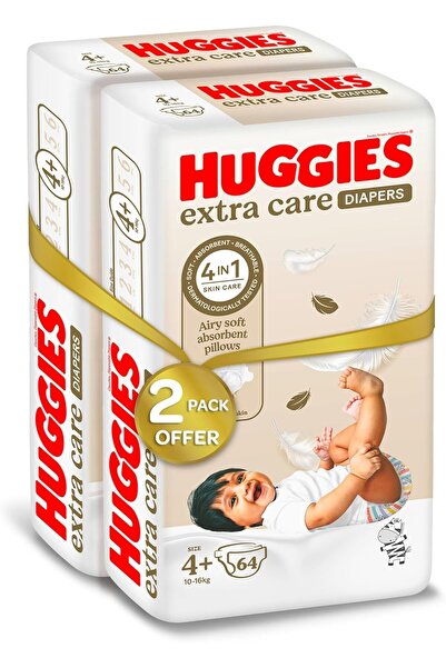 Huggies Extra Care, Size 4+, 10 -16 kg, Twin Jumbo Pack, 128 Diapers