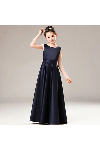 HSNLİFE Girls' Satin Crew Neck Simple Dress Graduation Birthday Evening Dress
