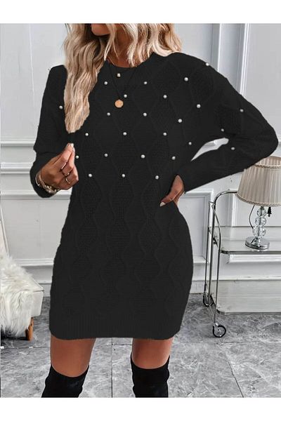 İpeksi Silky Women's Long Sleeve Crew Neck Patterned Knitwear Dress