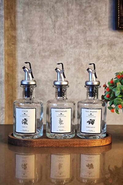 KHAKMA Transparent 3-Piece 250 Ml Olive Oil Vinegar Pomegranate Syrup Oil Pot with Wooden Stand White