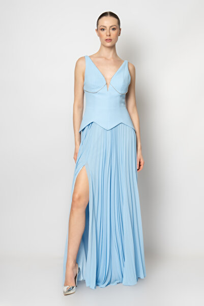 RENGIN Yakası ve göğüs altı taş şeritli şifon pilisoley etekli abiye elbise