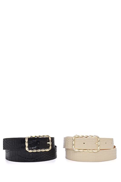 Paçuli Moda Black-beige 2-Piece Embossed Buckle Leather Look Women's Belt