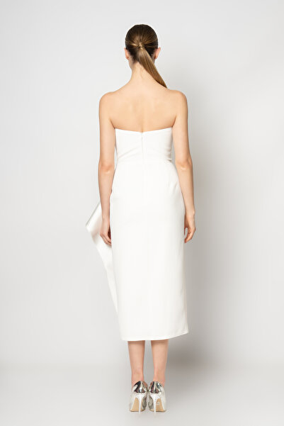 RENGIN Boydan büyük saten fiyonklu straplez krep abiye elbise