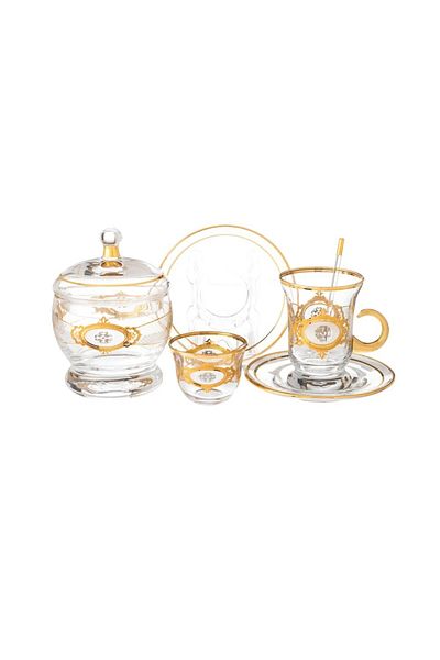 HIC Turkish Glass Tea and Coffee Set Platinum with Gold 26 Pieces