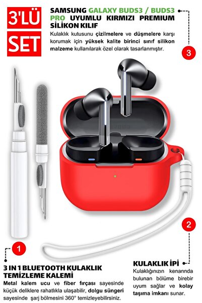 EWEC Samsung Galaxy Buds3, Buds3 Pro, Buds3 FE Uyumlu Silikon Kılıf, Kulaklık İpi, Temizleme Kalemi Seti